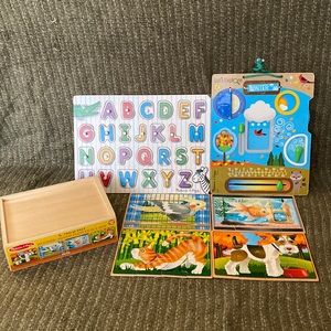 Melissa & Doug alphabet puzzle, 12p puzzles in a box, and Seasons weather board
